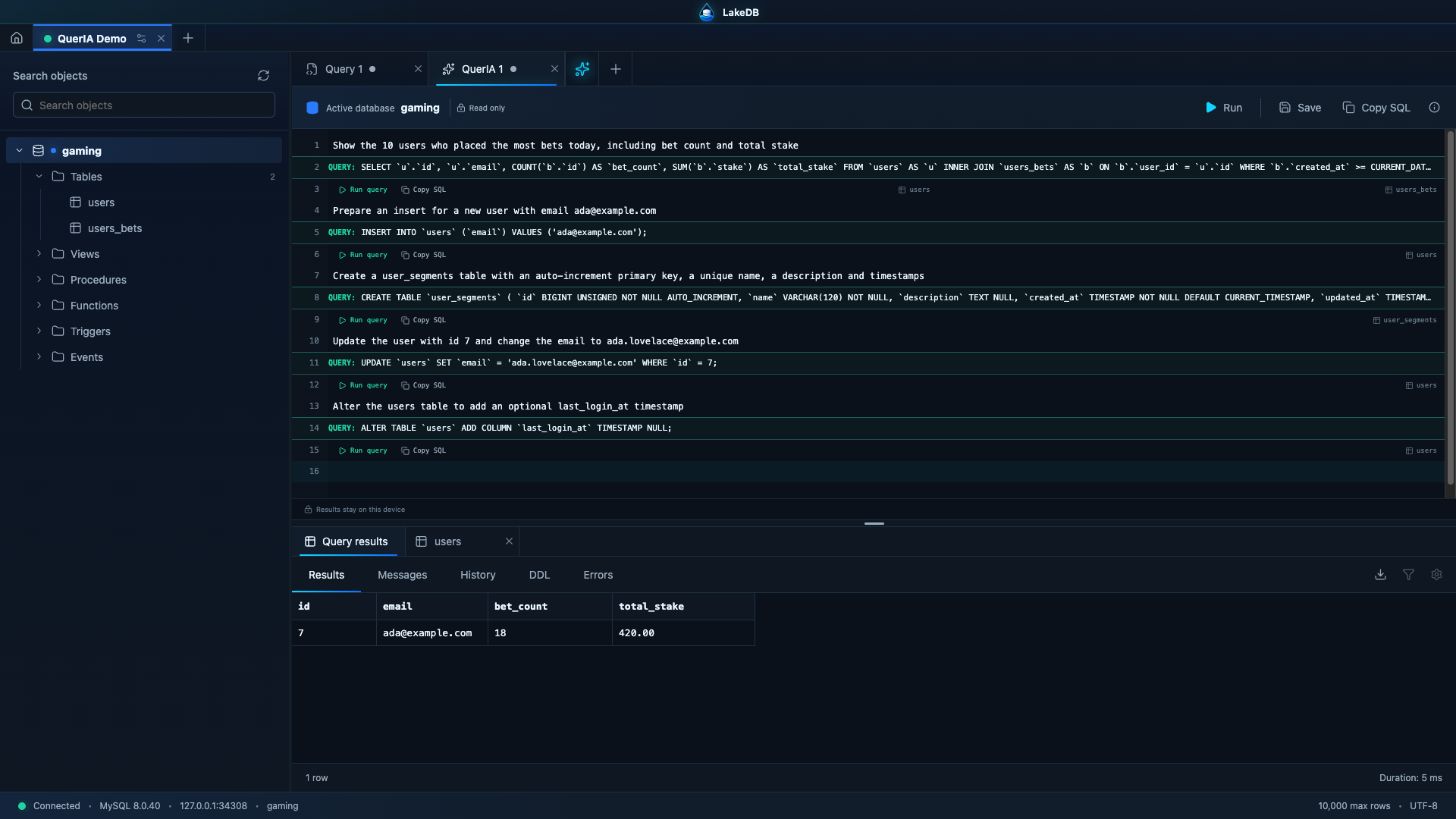 LakeDB — локальный SQL-клиент с AI-поддержкой для MySQL и MariaDB