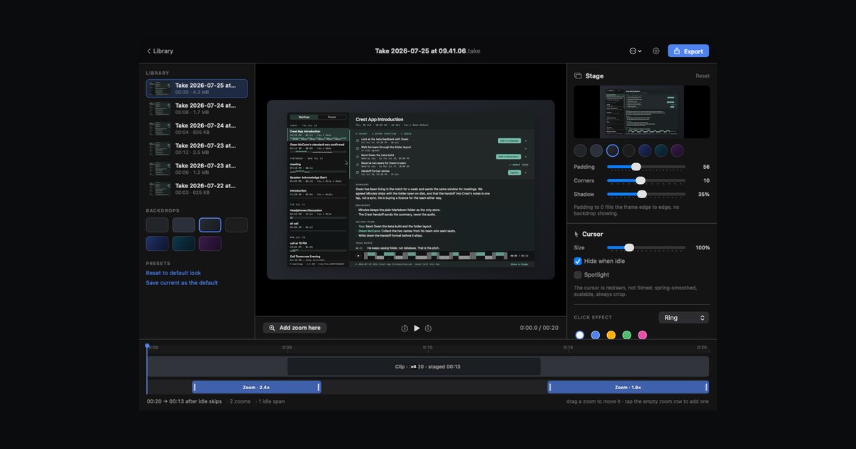 Take Camera добавляет виртуальную камеру к экранному рекордеру на Mac