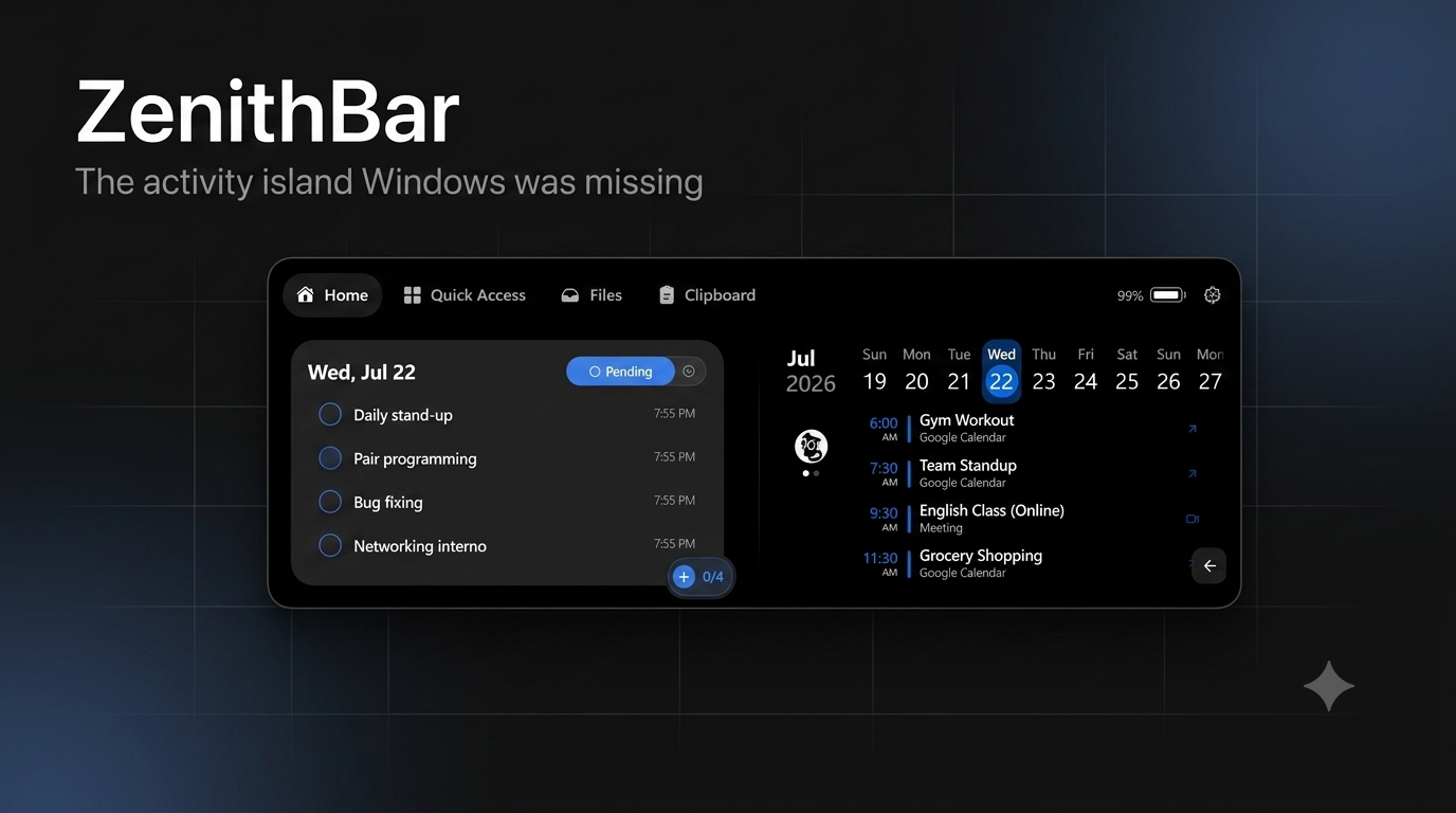 ZenithBar: плавающий помощник для Windows с быстрым доступом к задачам